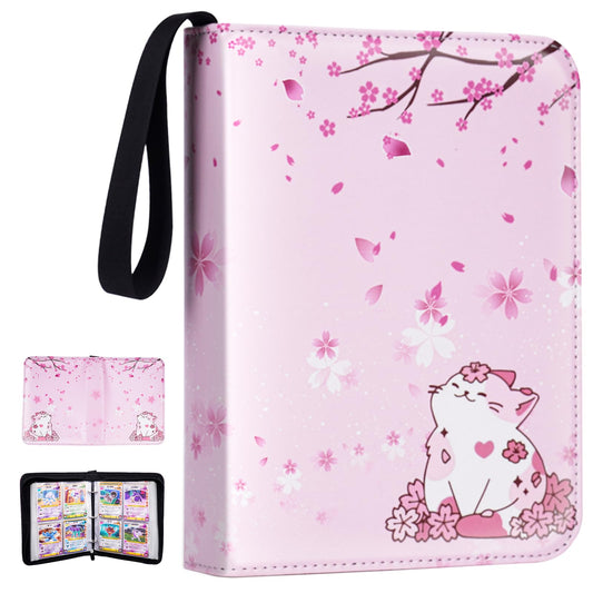 CLOKORIA Card Binder for Girls Gifts,440 Cards Collectible Trading Card Holder Case with 55 Sleeves, 4 Pocket for TCG Game Cards Collection Sports Trading Cards Collector Album (Sakura cat)
