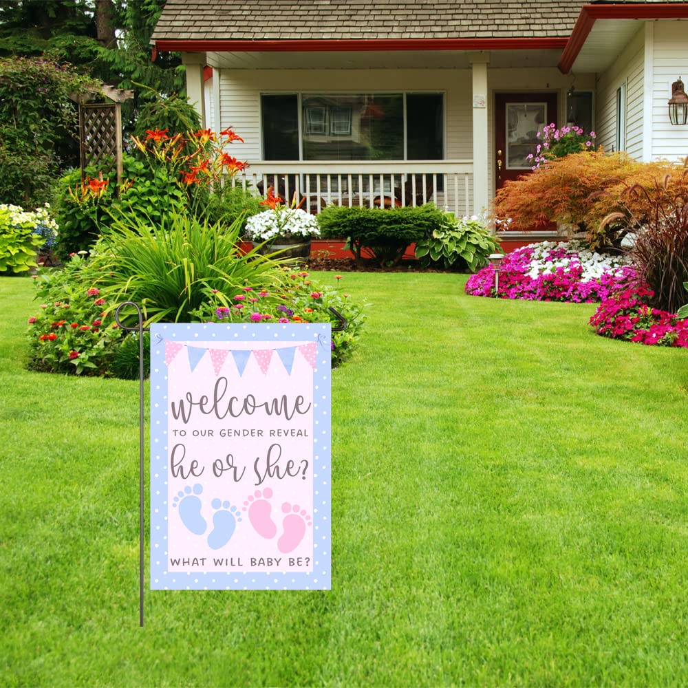 He or She Garden Flag 12x18" Double Sided Pink and Blue Flag Gender Reveal Yard Flag Boy or Girl Baby Footprint Welcome Banner Pregnancy Announcement Baby Shower Decor Gender Reveal Party Supplies
