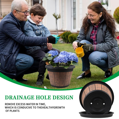 Quarut 4 Pack 12 inch Plant Pots,Whiskey Barrel Planters with Drainage Holes & Saucer,Plastic Decoration Flower Pots Retro Design,Planters for Outdoor Indoor Garden Home Plants (Brown)