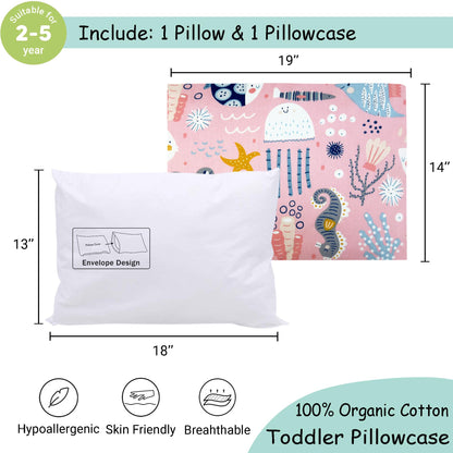 ZPECC Toddler Pillow with Pillowcase - 13x18 Organic Cotton Hypoallergenic Kids Pillow, Baby Essentials for Travel Crib Daycare Stroller (Intended for Age 2 and up) Ocean