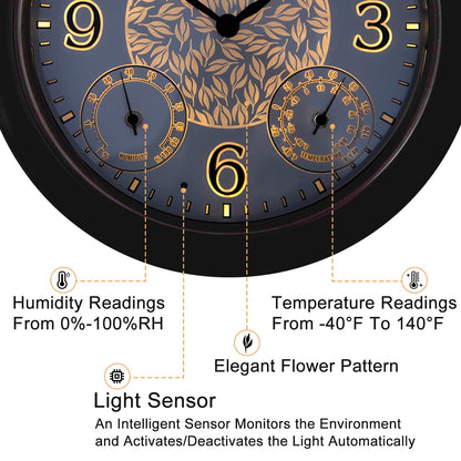 OCEST 15 Inch Illuminated Large Outdoor Clock Waterproof, Night Light Illuminated Wall Clocks with Smart LED Sensor, Temperature and Humidity Combo for Garden Patio Pool Garage (Metal)