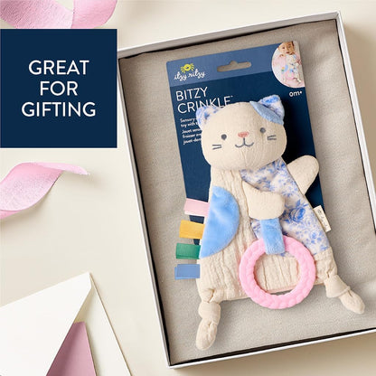 Itzy Ritzy - Bitzy Crinkle Sensory Toy for Babies & Toddlers — Features Crinkle Sound, Soft Braided Teething Toy Ring & Textured Ribbons — Gender Neutral Baby Item for Ages 0 Months & Up, Kitty