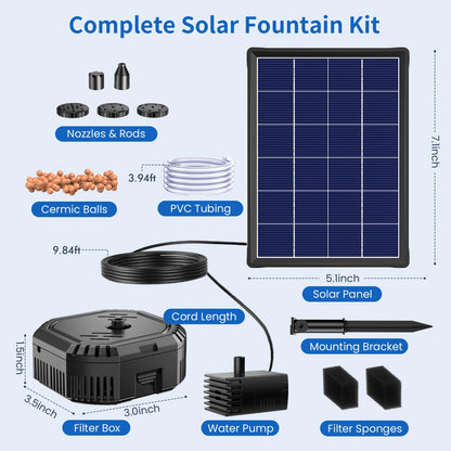 Antfraer Solar Pond Filter with Fountain Pump, 4W Solar Fountain Pump with Pond Filter, Solar Powered Water Pump Kit with 5 Nozzles & PVC Tubing for Bird Bath, Garden, Outdoor Fish Tank