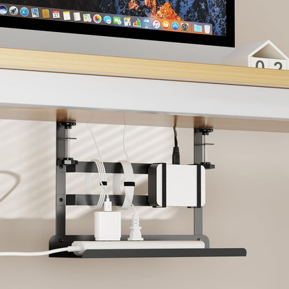 YECAYE Under Desk Cable Management Tray, No Drill Clamp Mount Metal Cable Management Tray with Desk Protection Pads, Under Desk Organizer Easy Installation with Hook & Loop Straps for Home Office