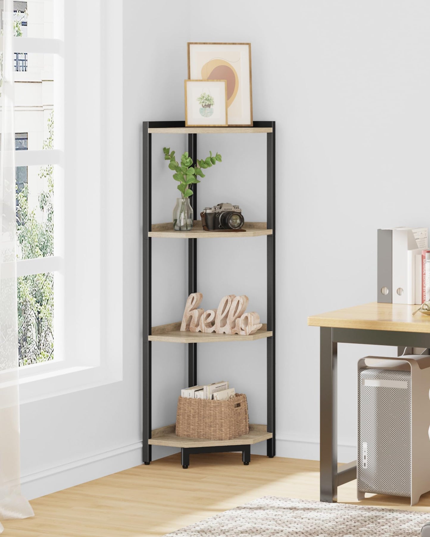 Hzuaneri Corner Shelf Stand, Corner Bookshelf, Storage Standing Shelf Unit with Metal Frame, Plant Stand, Bookcase for Living Room, Home Office, Bedroom, 4-Tier Greige CS05805B