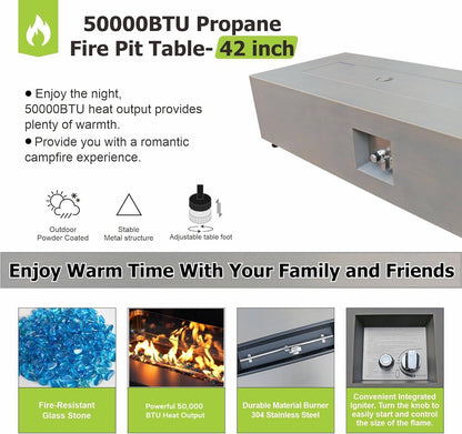 SUNPEAK 42" Rectangular Propane Fire Pit – 50,000 BTU Fire Table with Wind Guard Glass, Lid, Rocks and Cover – Backyard Fire Pits Outdoor – Propane Gas Fireplace for Deck or Patio (Grey, 42" Standard)