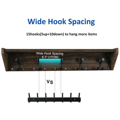 WEBI Wall Shelf with Hooks Underneath,35" Long Wall Mounted Coat Rack with Shelf,Entryway Coat Rack with 5 Triple Hooks for Hanging Coats,Jacket,Hallway,Bedroom,Mudroom,Weathered Brown