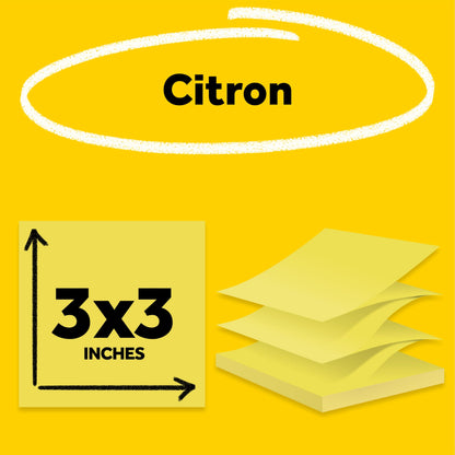 Post-it Super Sticky Notes-to-go Pop-Up Notes, 3 in. x 3 in., 6 Dispensers with 540 Total Pastel Sticky Notes in Citron Yellow Color, Great for School, Office, Classroom, or Home