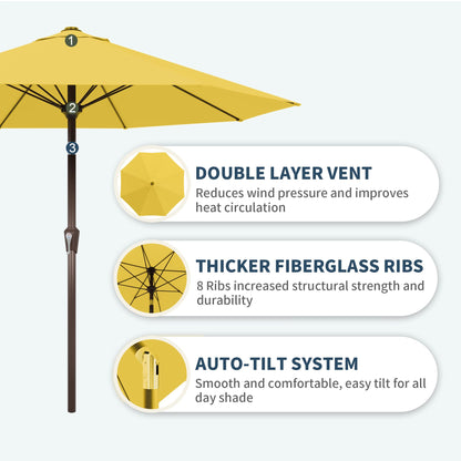 PatioKingdom Auto-Tilt 9FT Patio Umbrella Outdoor with 8 Sturdy Fiberglass Ribs,Market Table Umbrella for Pool,Backyard,Deck and Garden(Yellow)