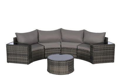 KEIKI 7-Piece Half-Moon Outdoor Patio Furniture Set, Rattan Patio Conversation Set with Coffee Table & 2 Sofa Side Table & 4 Curved Armless Sofa, Wicker Curved Sectional Sofa Set, for Backyard, Gray