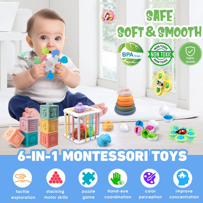 Plunack 6 in 1 Baby Toys 6 to 12 Months, Montessori Toy Infant Teething Babies Toy Stacking Blocks Rings Pull String Toy Sorter Sensory Bin