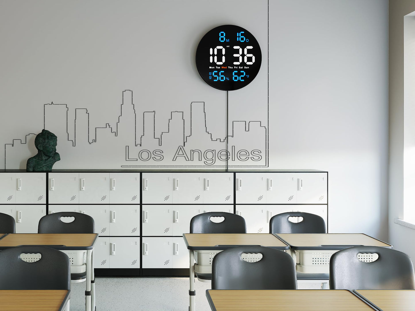 Brauthon Large Digital Wall Clock for Classroom, 10 Inch Large Display LED Electric Round Clocks for Teachers, Kids Office with Date, Temperature, Timer, Remote Control (Blue)