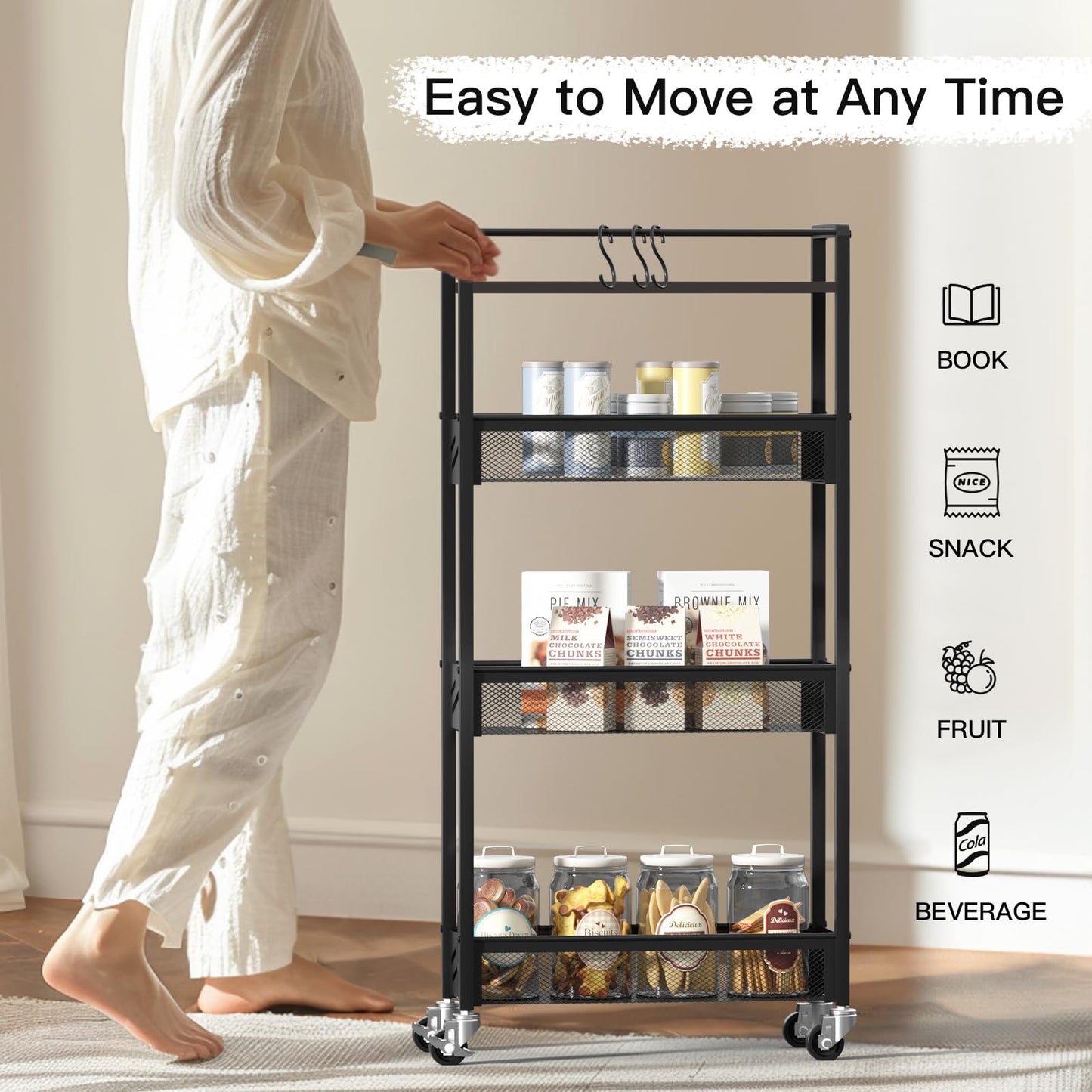 DGSNADGO Slim Rolling Storage Cart, 4-Tier Kitchen Cart on Wheels, Narrow Utility Cart with Handle and Wooden Tabletop for Small Space in Kitchen, Living Room, Bathroom, Laundry Room, Beige (Black)