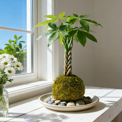 Live Plant Money Tree Kokedama, Easy to Grow, A Living Moss Ball Plant for Home Office Decor, Unique Gift