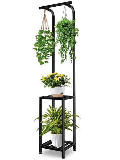 LLAXERGU Plant Stand Indoor Outdoor, 65" Tall Plant Stand Outdoor 3 Tiered Hanging Plant Shelf Heavy Duty Flower Stand Multiple Plant Metal Display Rack for Living Room Garden Balcony