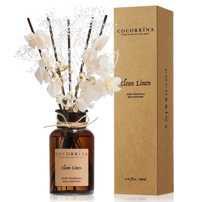 Cocorrína Reed Diffuser Set, 6.7oz Flower Reed Diffuser with Real Preserved Flowers - Clean Linen Scented Oil & Sticks - Long Lasting Home Fragrance for Bedroom Bathroom Shelf Decor