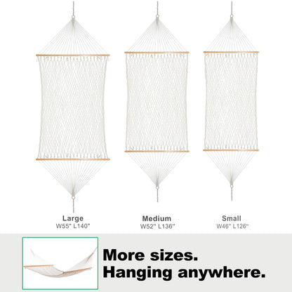 GAFETE 12ft Double Hammocks for Outside, Handwoven Traditional Cotton Rope 2 Person Hammock with Hardwood Spreader Bar, Chains & Hooks for Indoor Outdoor, Max 450 lbs Capacity (Natural Beige, Medium)