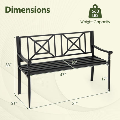 Giantex Metal Outdoor Bench with Backrest, Curved Armrests, Non-Slip Foot Pads, Slatted Seat for 2-3 Persons, Load 660lbs, Loveseat, Patio Bench for Garden, Yard, Poolside, Lawn, Porch, Park, Black