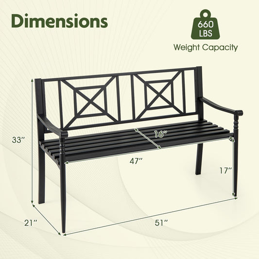 Giantex Metal Outdoor Bench with Backrest, Curved Armrests, Non-Slip Foot Pads, Slatted Seat for 2-3 Persons, Load 660lbs, Loveseat, Patio Bench for Garden, Yard, Poolside, Lawn, Porch, Park, Black