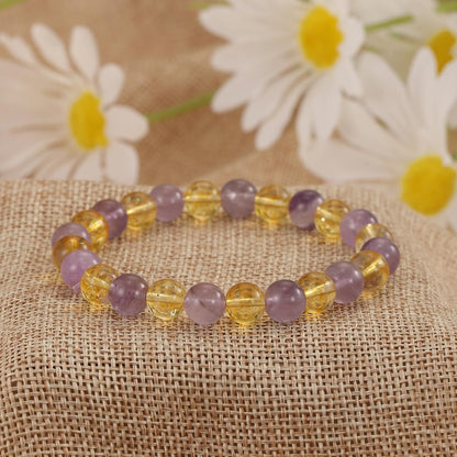 Crystal Vibe Citrine and Amethyst Crystal Bracelet for Birthday - 8mm Beaded Bracelet for Spirituality and Success - Healing Chakra Gifts for Women - Elastic Adjustable Size