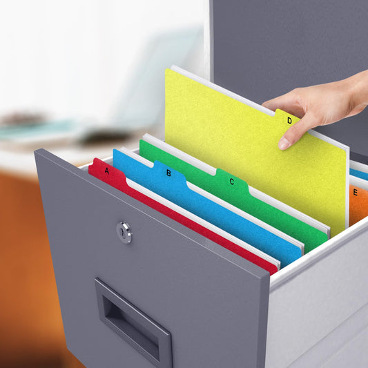 Alphabetical File Organizer, 25 Plastic Alphabet Dividers with Tabs Letter Size File Cabinet Dividers, Self Adhesive A-Z Labels – 5 Assorted Colors, 1/5 Cut Tabs for Filing Cabinet