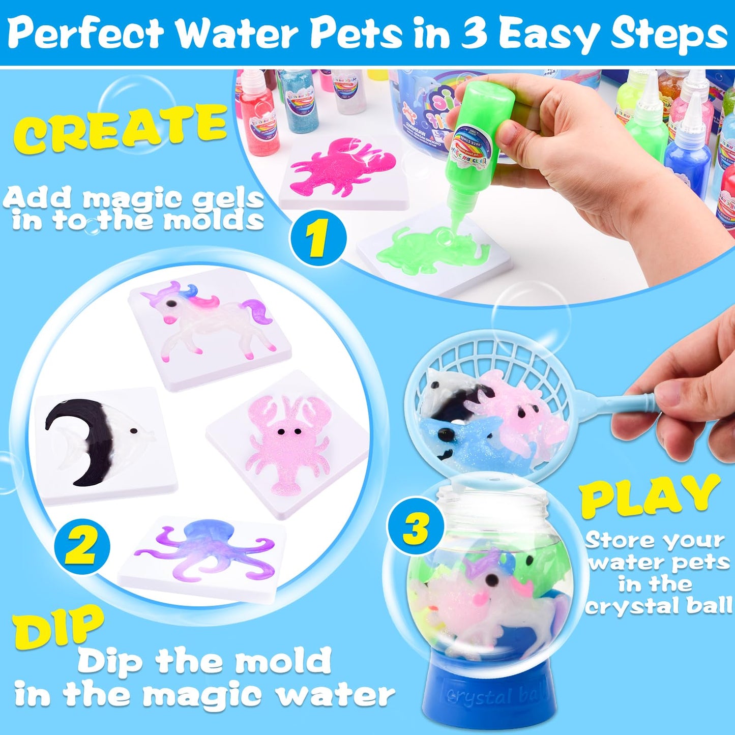 Magic Water Elf Toy Kit for Kids – Aqua Fairy Water Gel Kit with 24 Colors Magic Gel & 20 Molds, DIY Squishy Maker Craft Set, Create Your Own Water Pets, Sensory Play Gift for Boys Girls Ages 3+