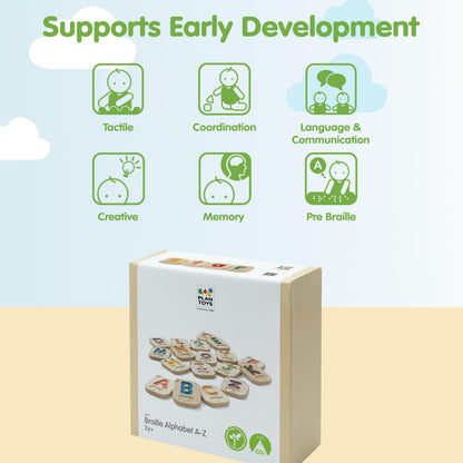 PlanToys Braille Alphabet A-Z Braille-Reading Alphabet Learning Toys - 26 Sustainably-Made Traceable Wooden Tiles with Upper and Lower Case Letters and Braille