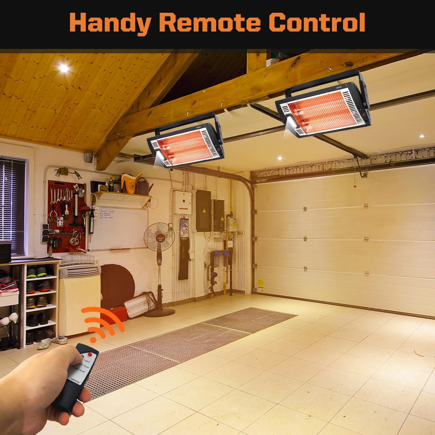 Shinic Electric Garage Heaters with Remote Control, 1500W/750W Ceiling Mounted Radiant Quartz Heater with Work Light, 90° Rotation, 5 Mode Settings, Electric Heater for Garage, Shop, Patio Large Room