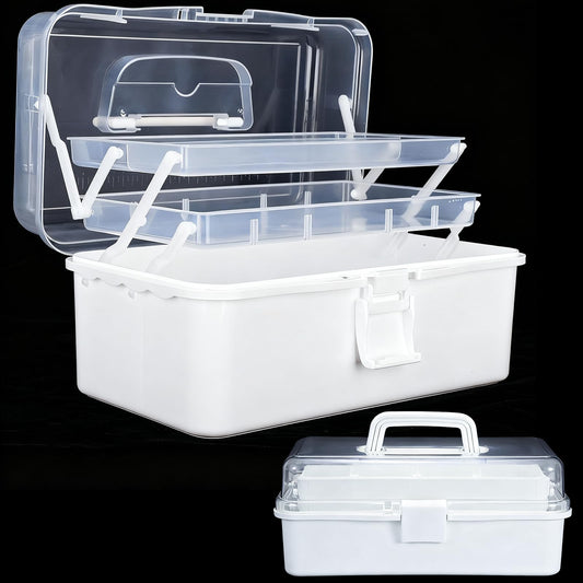 DUOFIRE 13in 3-Layer Foldable Craft Organizers and Storage, Multipurpose Sewing Box, Portable Handled Plastic Tool Box Organizer, Craft Organizer for Sewing, Tools, Tackle or Art Supplies (White)