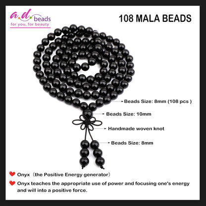 AD Beads 8mm 108 Prayer Mala Onyx Elastic Bracelet - Positive Energy Generator - Handmade Yoga Meditation Healing Power Energy Gifts for Unisex Adult.