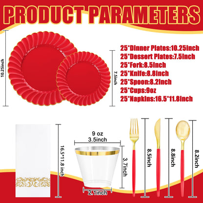 Ciaell 175 PCS Red Scalloped Plastic Plates with Gold Trim - Red Plastic Silverware with Handle - Fancy High-End Dinnerware Sets for Wedding & Party & Mother's Day
