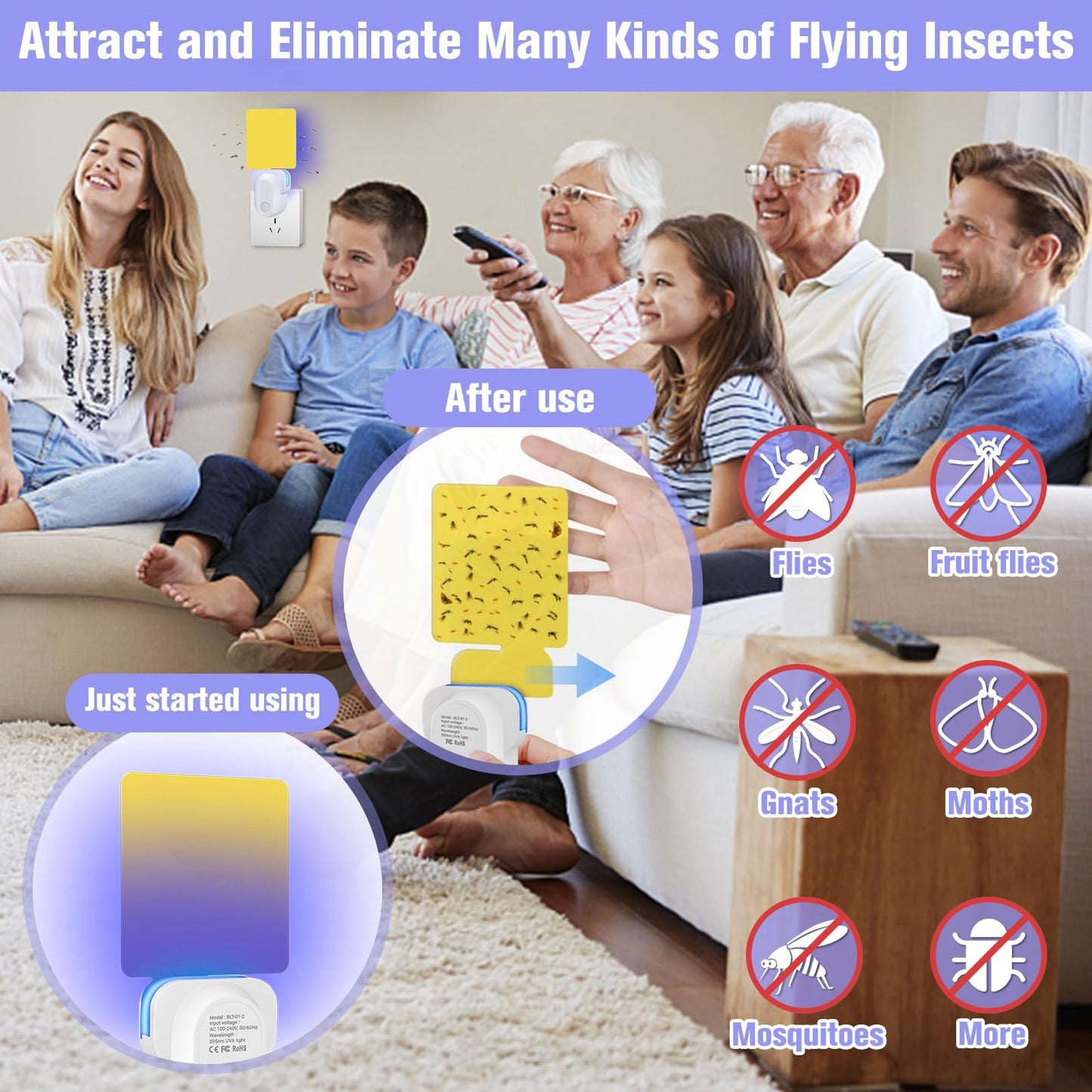 Pestvanish Flying Insect Trap Plug-in, Indoor Mosquito & Gnat Killer, Safe Non-Toxic UV Light Fly Catcher, Night Light Bug Trap with Sticky Pad for Flies, Gnats, Moths (2 Pack, Bright White)