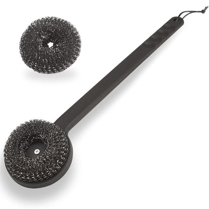 18" Long Handle Grill Brush with Replaceable Head - Safe Bristle Free Stainless Steel BBQ Cleaner with Heavy Duty Scrubber Pad, Grill Accessories Steel Wool Scrubbers for Porcelain Gas Charcoal Grill