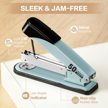 Deli Stapler Heavy Duty, Full Strip Staplers for Desk with 2000 Staples and Staple Remover, 50 Sheet Capacity, No Jam, Non-Slip Office Stapler with Staples for Office, Classroom, Blue