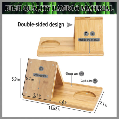 ROSOS Bamboo Book Holder, Triangle Book Holder Stand with Acrylic Picture Frame, Book Rest with Cup Holder, Tablet and Kindle Stand, Book Lovers Gifts, Bookish Gifts, Bamboo Book Rest Stand