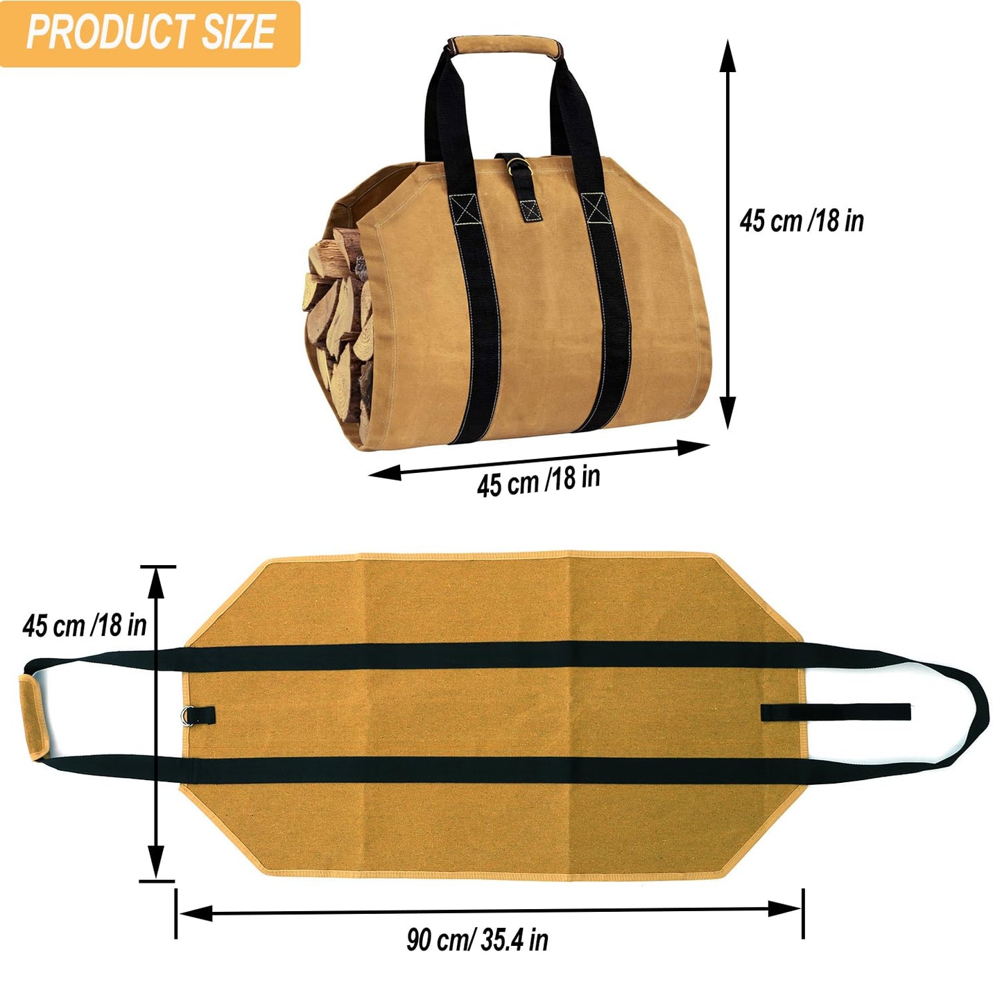 Softclub Firewood Carrier Bag with Handle, Heavy Duty Canvas Firewood Tote Bag 35.8 x 18 in, Log Carrier for Fireplace, Outdoor, Camping -Yellow