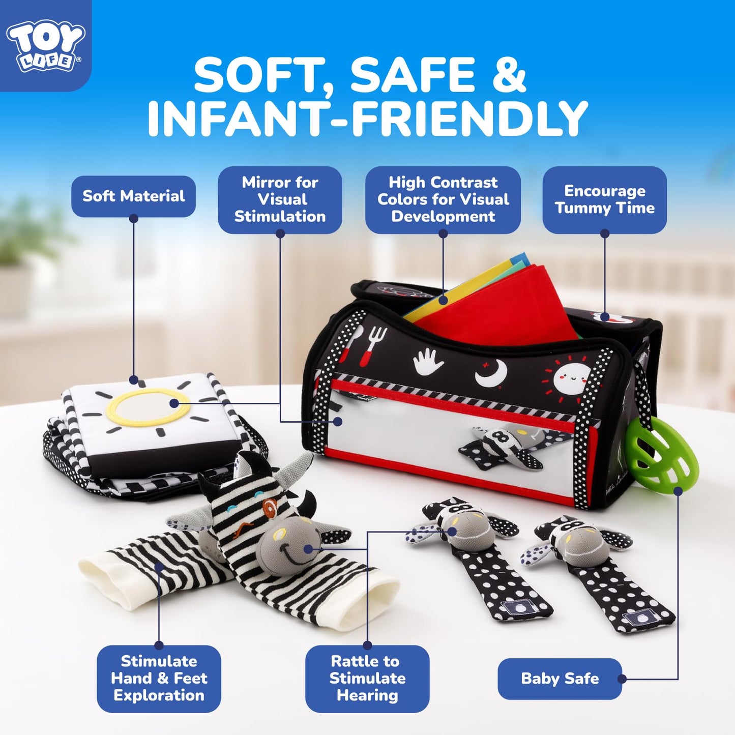 TOY Life High Contrast Baby Toys 0-6 Months - Black & White Newborn Tummy Time Sensory Toys Set with Soft Montessori Visual Stimulation Infant Book, Boy Girl Shower Gift, Easter Basket Stuffers