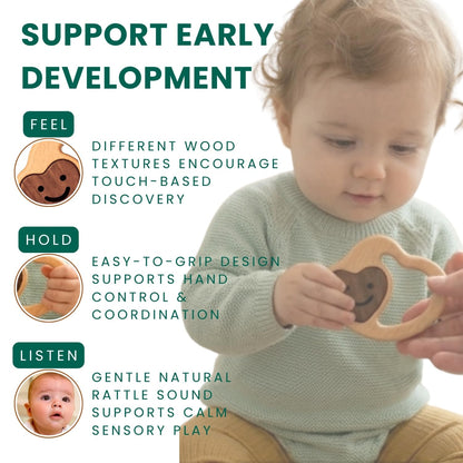 Wooden Baby Rattle & Teething Ring Heart | Natural Montessori Teething Toy Babies 0-3 3-6 6-12 Months | Non-Toxic Organic Hardwood Teether | Safe Sensory Toy Boys Girls | Baby Gift