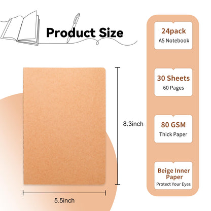 miikoul 24 Pack Blank Kraft Notebooks, 8.3"x5.5" A5 Small Journal Bulk Blank Notebooks 80 Gsm Unlined with 60 Pages A5 Subject Notebooks Traveler Journal Set for Adult Students Office School Supplies