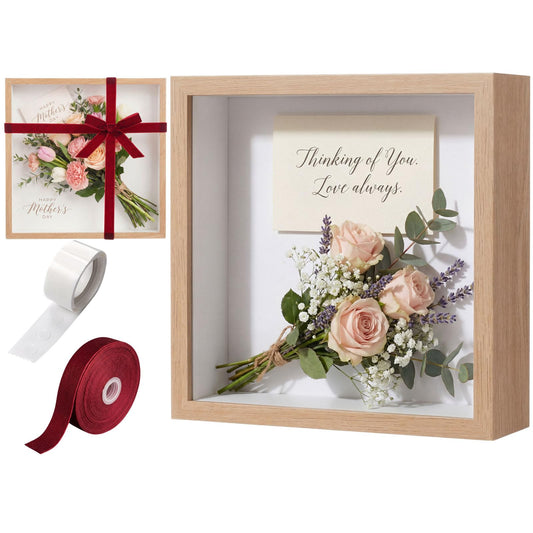 BrightRow 12"x12" Wedding Shadow Box Frame Flower Display Case Kit, DIY Wood Color Picture Gift Box with Lid Deep Glass Case Red Velvet Ribbon for Gift Wrapping Craft Bouquet Flower Keepsake Memory