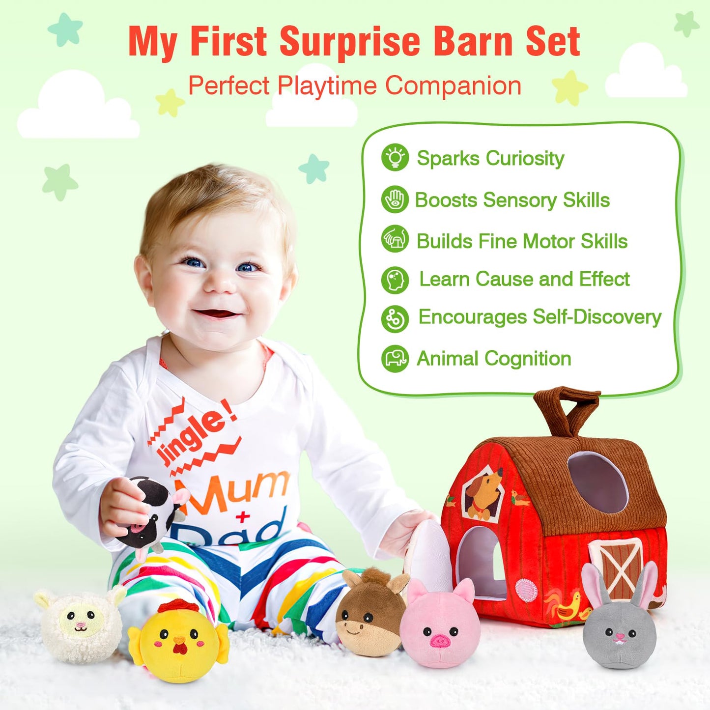 Aojieni Baby Toys 6-12 Months: Plush Surprise Barn with Stuffed Farm Animals, Rattle, Crinkle Paper, Mirror, Busy Montessori Toys for Babies, Infant, Newborn, Sensory Toys for Toddlers 1-3