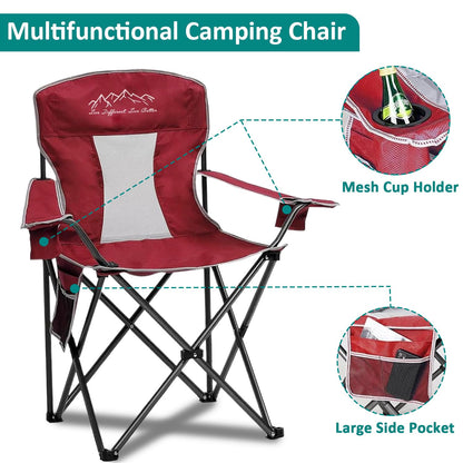 SAILARY Outdoor Folding Camping Chair with Cup Holder, Storage Bag, Large Anti-Sink Feet, 400lbs Capacity, Breathable Mesh Portable Chair for Camping, Beach, Fishing, Sports, Red