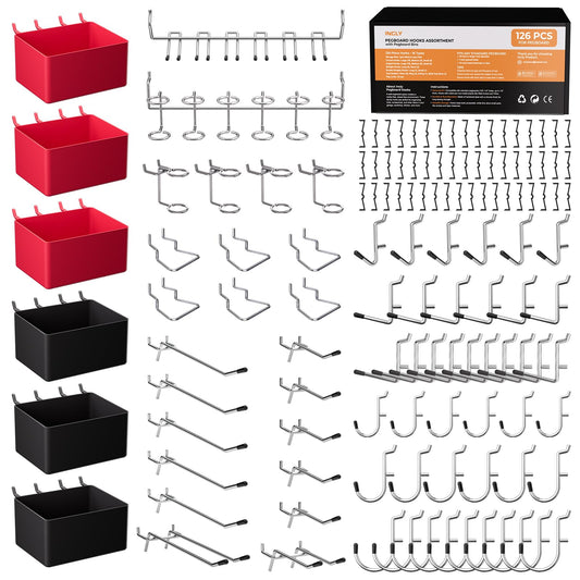 INCLY 126PCS Peg Board Organizer Accessories Kit, Pegboard Hooks Assortment with 6 Bins for Organizing Various Tools, Fit 1/8 or 1/4 inch Pegboard for Hanging Storage, Garage, Workbench, Craft Room