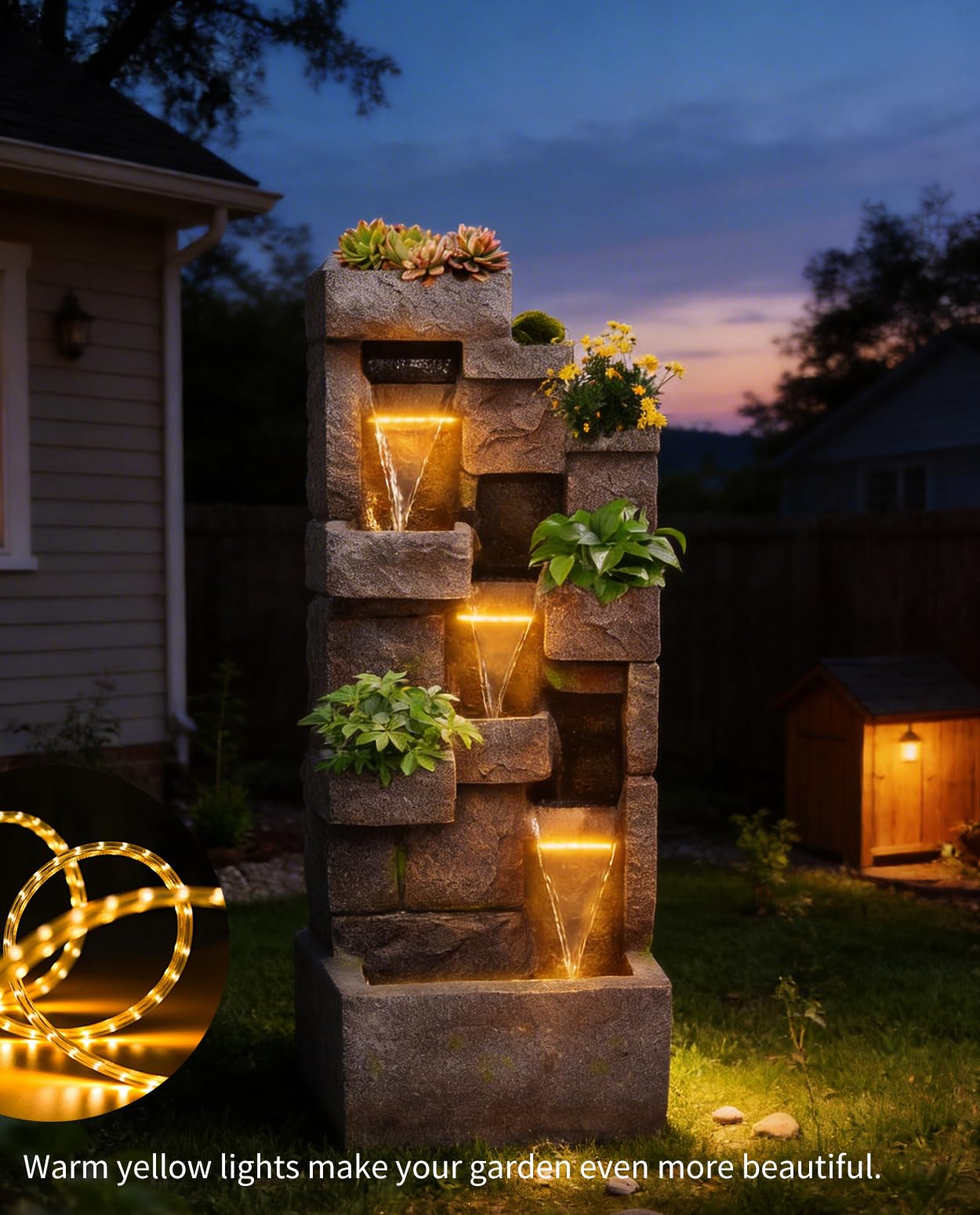 LOTCAIN 48.6" Water Fountain Outdoor Floor-Standing Garden Fountains with LED Lights 3 Tier Modern Waterfall Fountain Decor Rock Fountain for Patio Garden Yard Backyard Porch Home Art Decor, Yellow