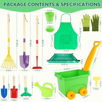 Kids Gardening Set, Outdoor Toys with Wheelbarrow and Kids Garden Tools, Toddler Gardening Set with Repotting mat, Gloves, Apron, Watering Can, Pretend Play Learning Toys for Kids Boys and Girls 3-8