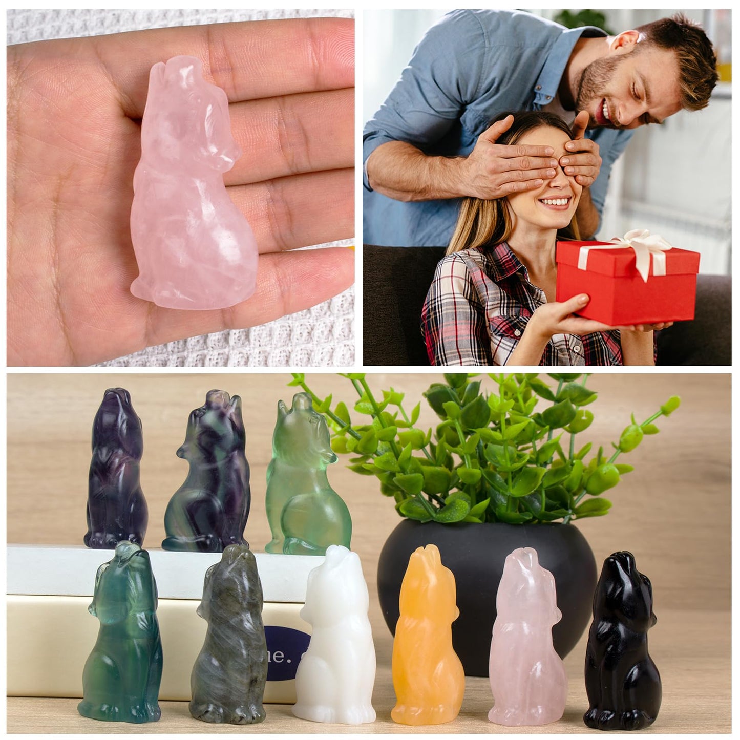 QLRSUXN Rose Quartz Howling Wolf Crystal Figurines, 2.2 Inch Wolf Totem Spirit Animal Statue Decor for Home Office Desk Altar, Hand Carved Natural Healing Crystal Sculpture Gifts for Women Men