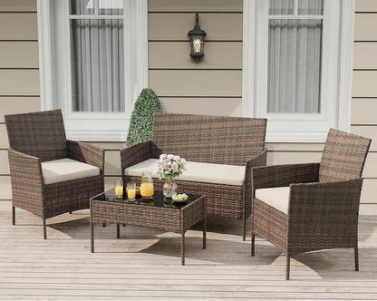 MilleLoom 4-Piece Outdoor Furniture Set, PE Rattan Wicker Chairs with Soft Cushions & Tempered Glass Coffee Table - All-Weather Patio Set for Garden, Backyard, Porch, Poolside (Gradient Brown/Beige)