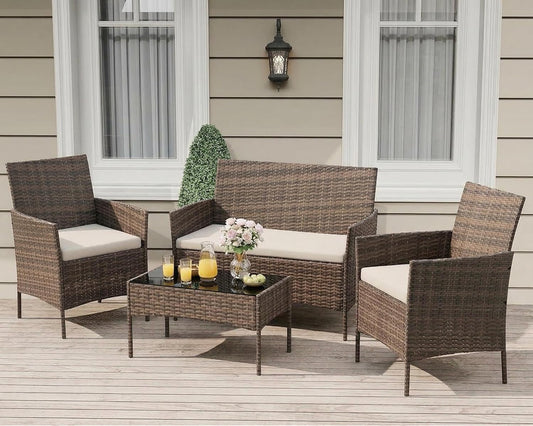 MilleLoom 4-Piece Outdoor Furniture Set, PE Rattan Wicker Chairs with Soft Cushions & Tempered Glass Coffee Table - All-Weather Patio Set for Garden, Backyard, Porch, Poolside (Gradient Brown/Beige)