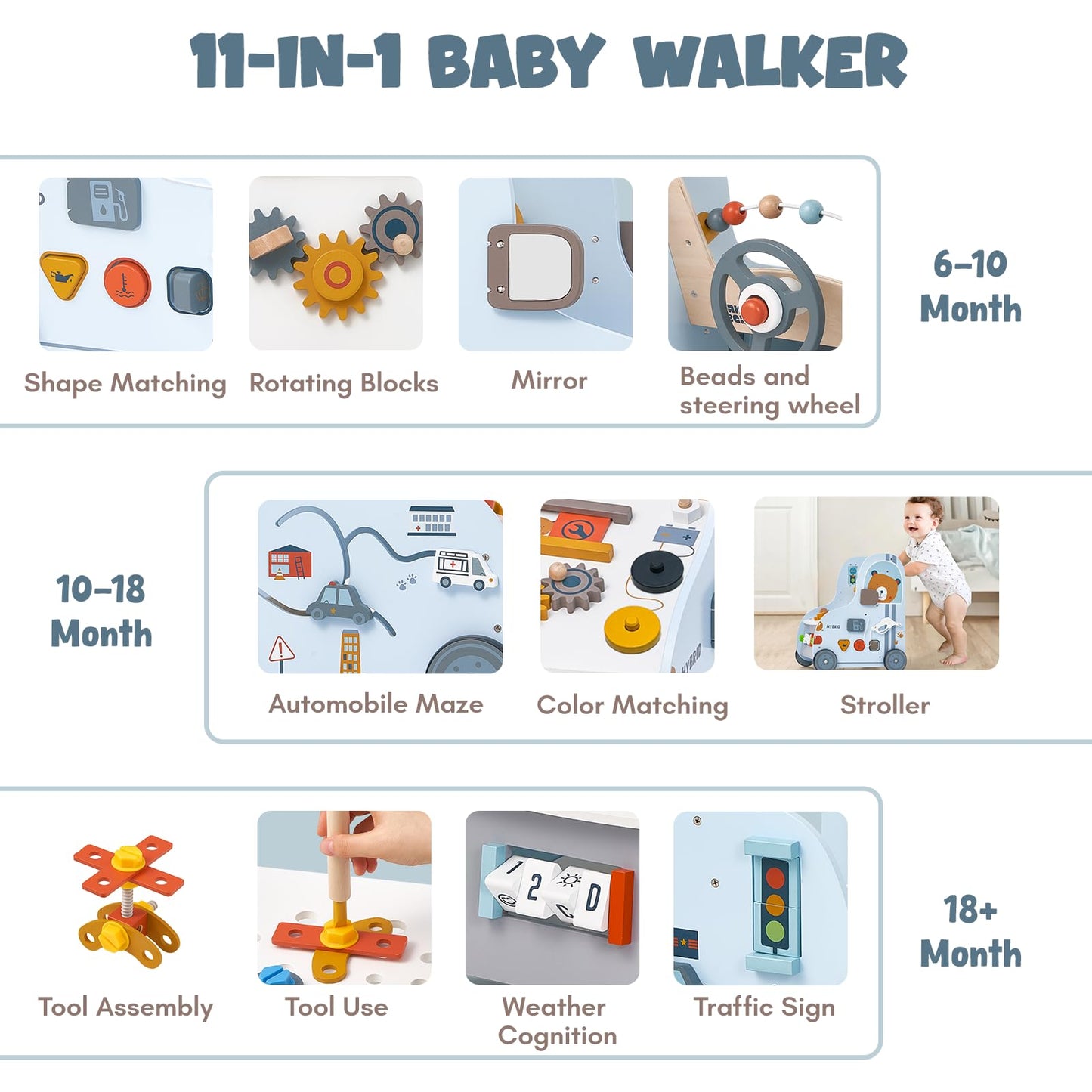 Giant bean 11-in-1 Wooden Baby Walker with Activity Center, Car Theme Montessori Walking Toy with Steering Wheel Tool Bench, Push Walker Speed Adjustable, Learning to Walk Gift for Toddler 1-6