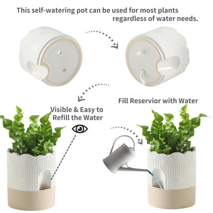 Nihow Self Watering Plant Pot: 6 Inch Ceramic Planter with Drainage Hole & Water Storage Plus - Relief Design Self Watering Pot for Indoor Plants - Beige & Nature Flower Pot